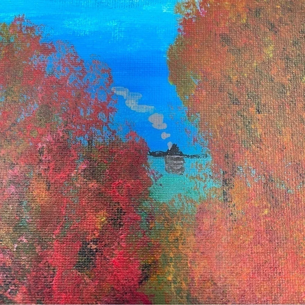 Original acrylic painting of a tree-lined path through the woods to a log cabin